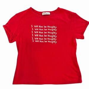Y2K Self Esteem Red Cap Sleeve Baby Tee “I Will not Be Naughty” Size Large